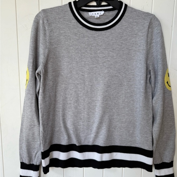 THML lightweight Gray Crewneck Sweater Smiley face Sleeves Black &White Trim - Picture 2 of 5
